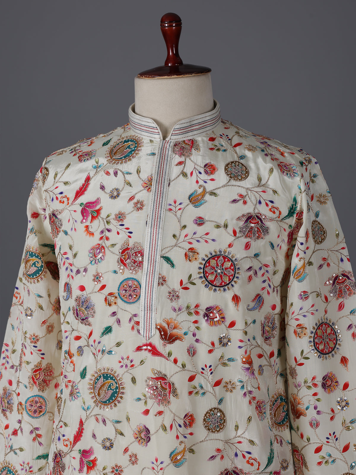 Cream silk floral resham work festive kurta suit