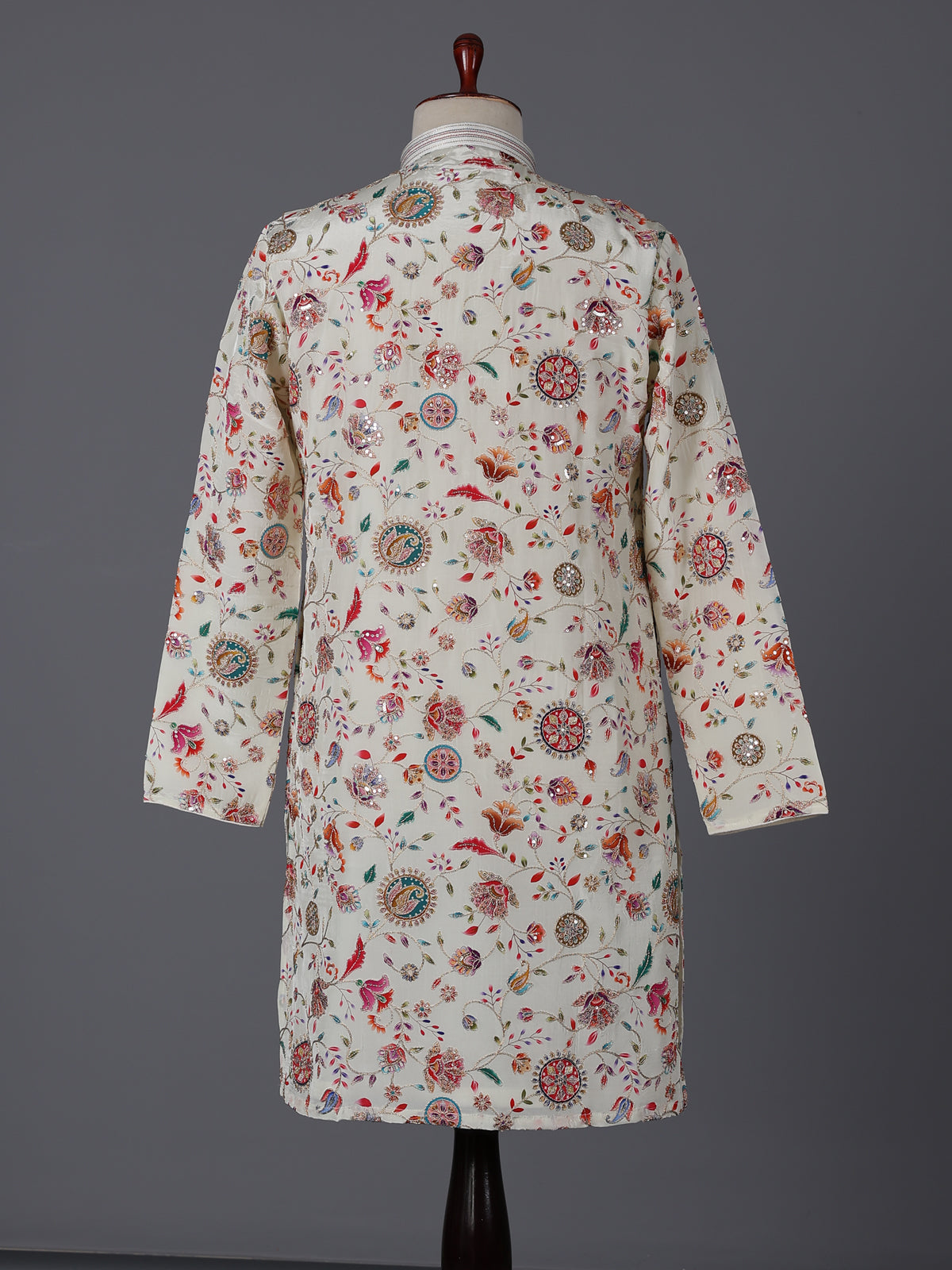 Cream silk floral resham work festive kurta suit