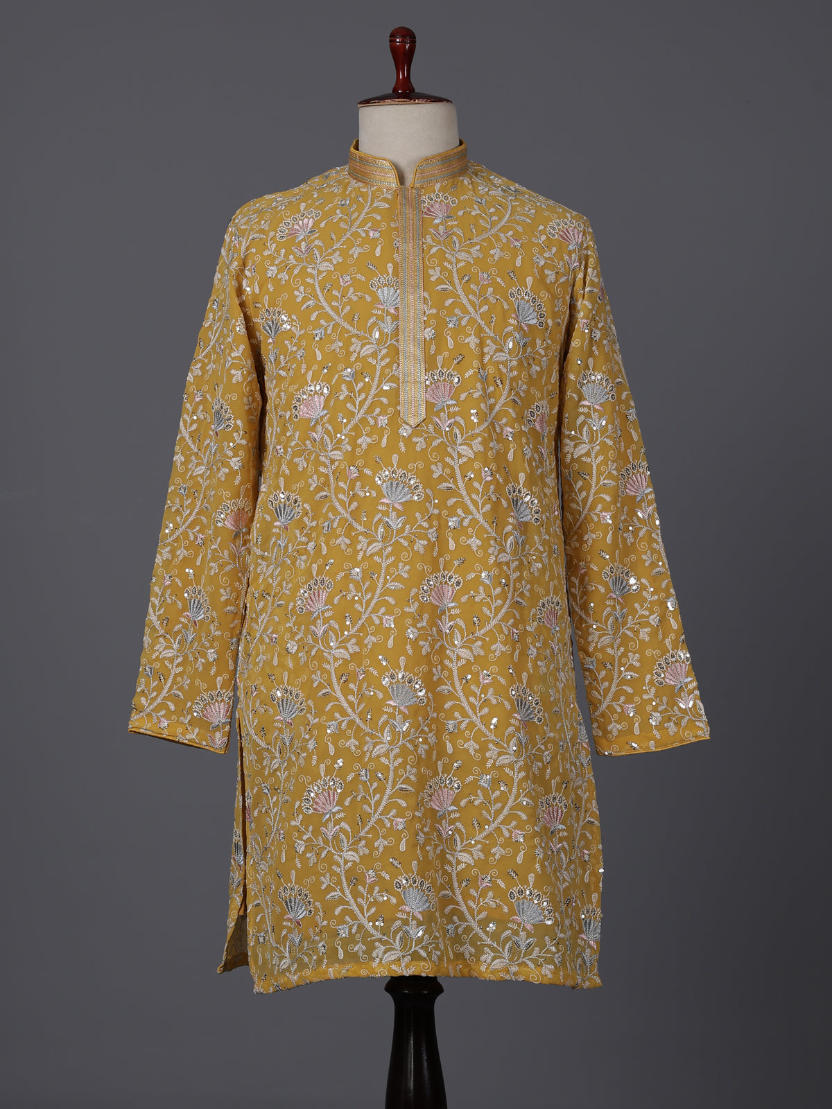 Yellow georgette embroidered work haldi festive kurta suit