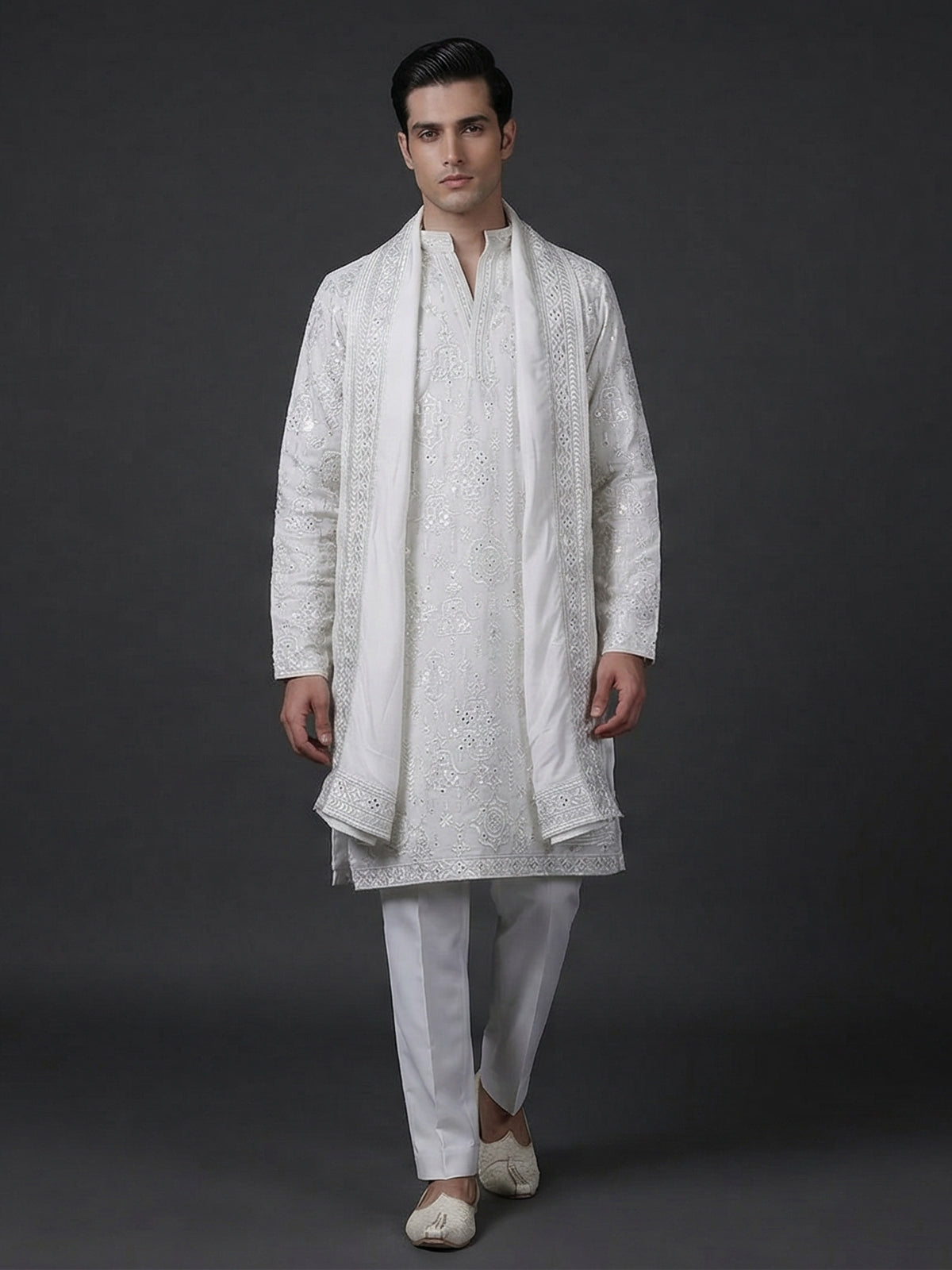 White cotton silk embroidered work festive kurta suit