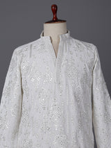 White cotton silk embroidered work festive kurta suit