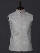 White cotton embroidered festive waistcoat for celebrations