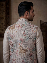 Cream jute thread sequin embellished festive waistcoat