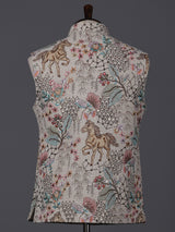 Cream jute thread sequin embellished festive waistcoat