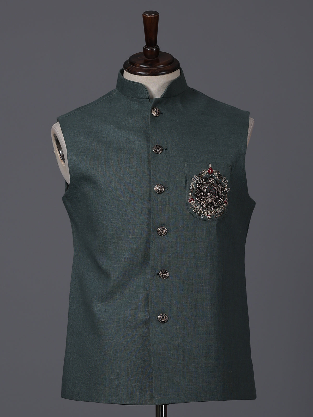 Dark green linen heavily embellished waistcoat with brooch