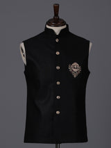 Black cotton embellished waistcoat with brooch for festive