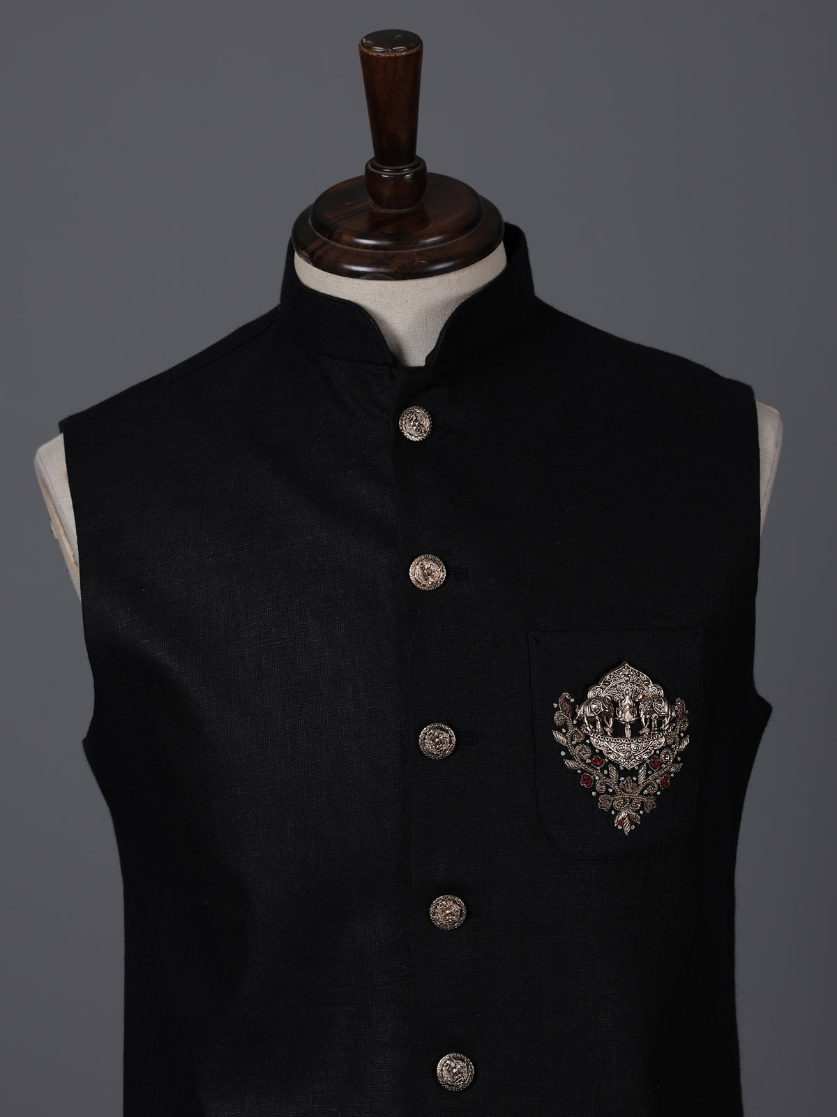 Black cotton embellished waistcoat with brooch for festive