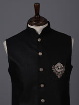 Black cotton embellished waistcoat with brooch for festive