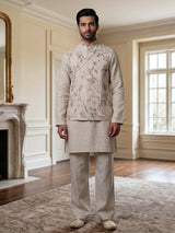 Cream cotton linen embroidered festive waistcoat set