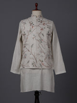 Cream cotton linen embroidered festive waistcoat set