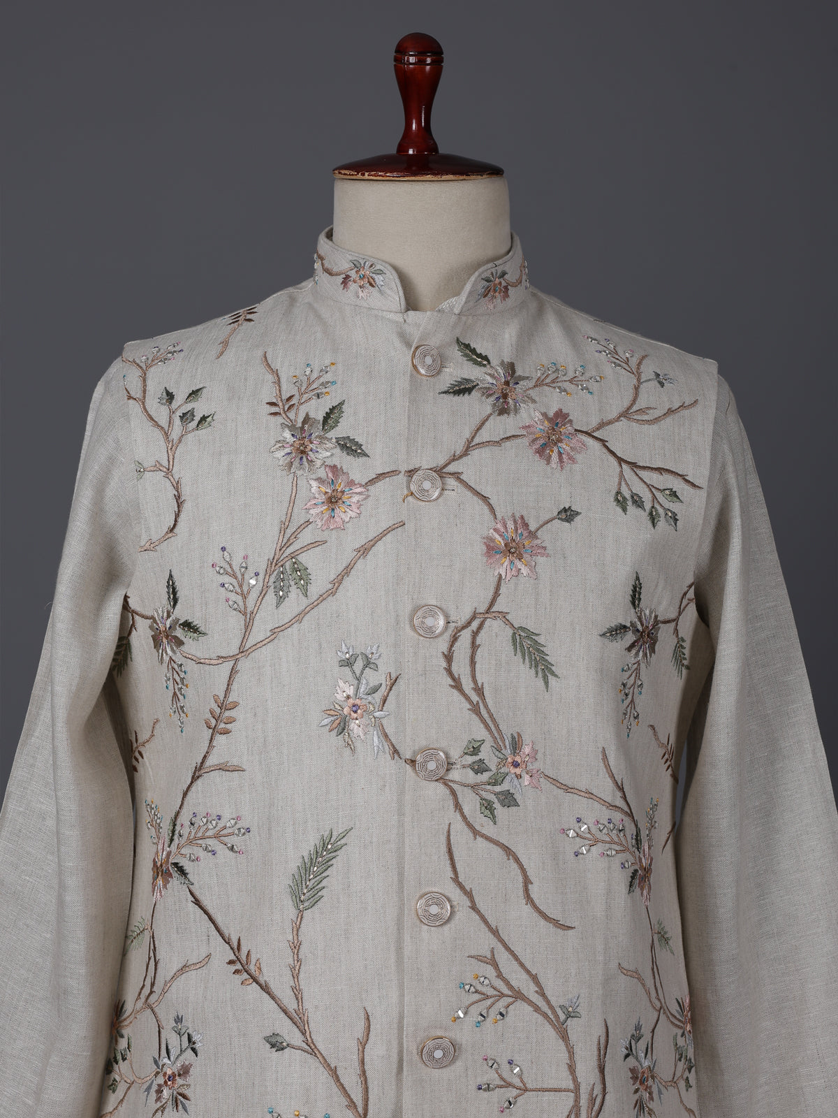 Cream cotton linen embroidered festive waistcoat set