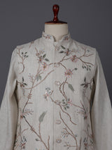 Cream cotton linen embroidered festive waistcoat set