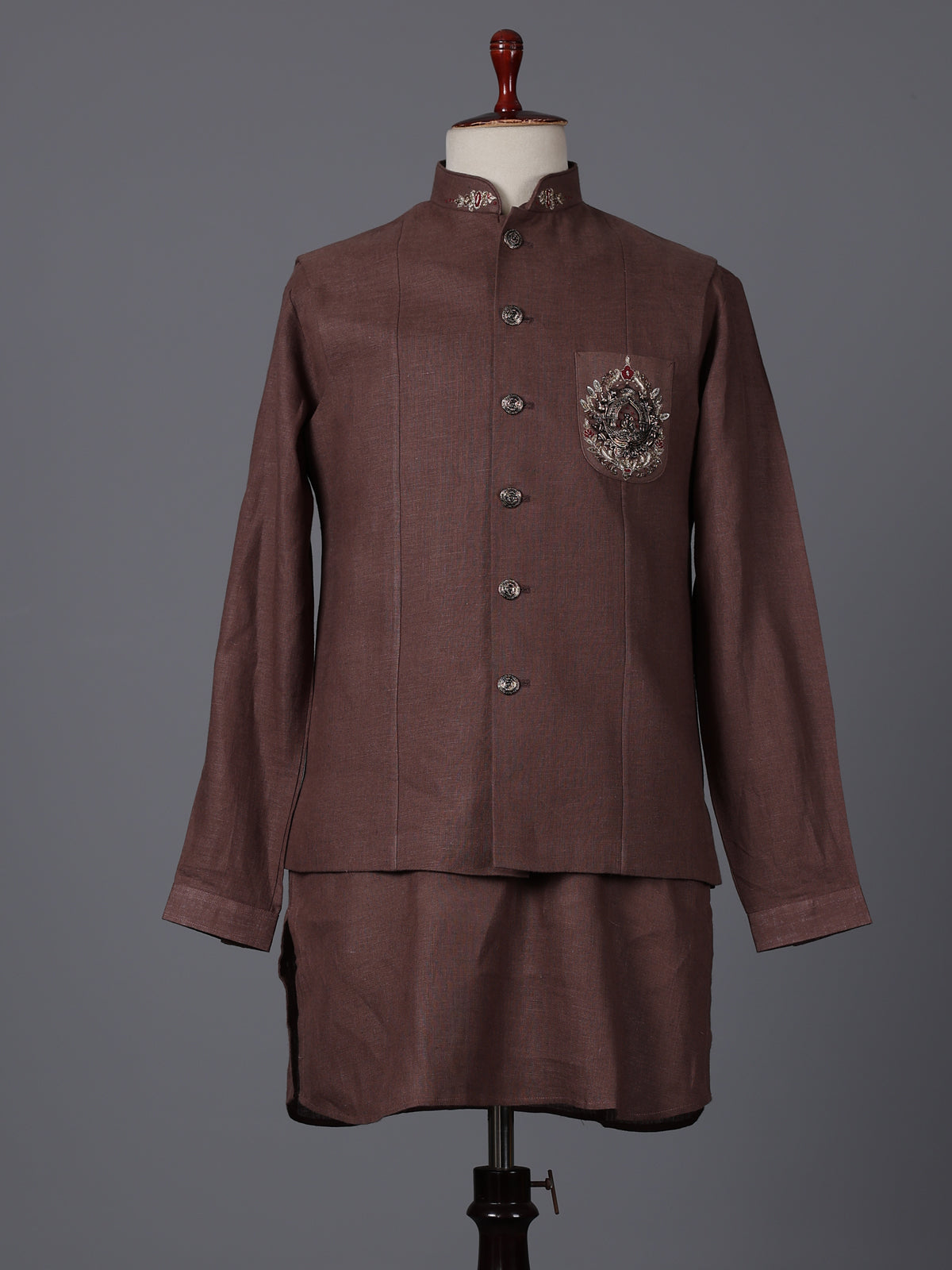 Brown cotton linen heavily embellished waistcoat set