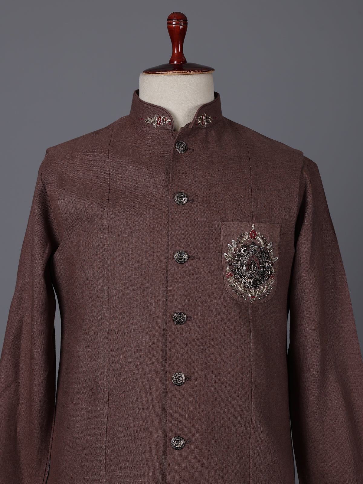 Brown cotton linen heavily embellished waistcoat set