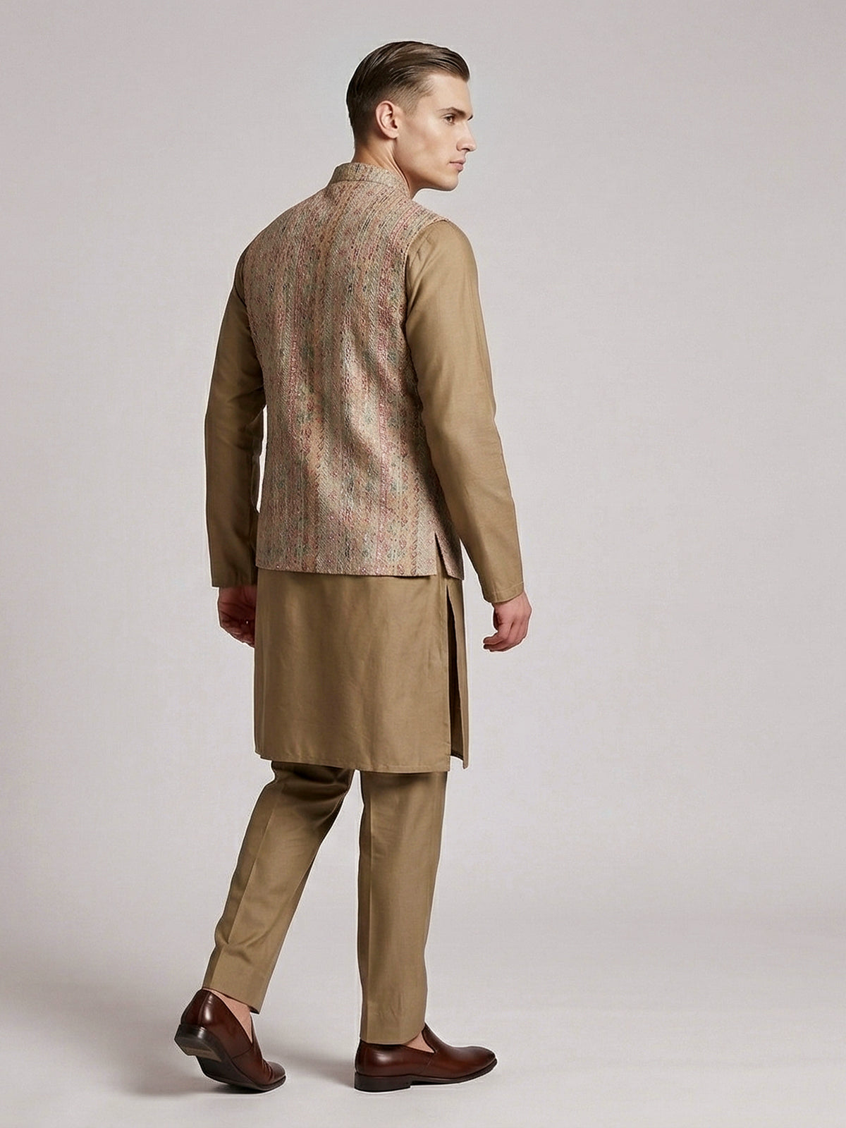 Dusty olive silk printed festive waistcoat set