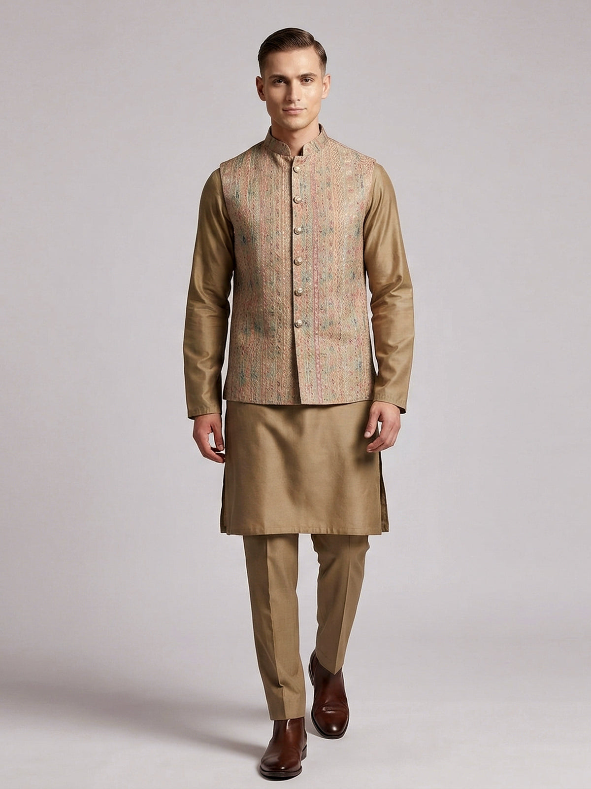 Dusty olive silk printed festive waistcoat set