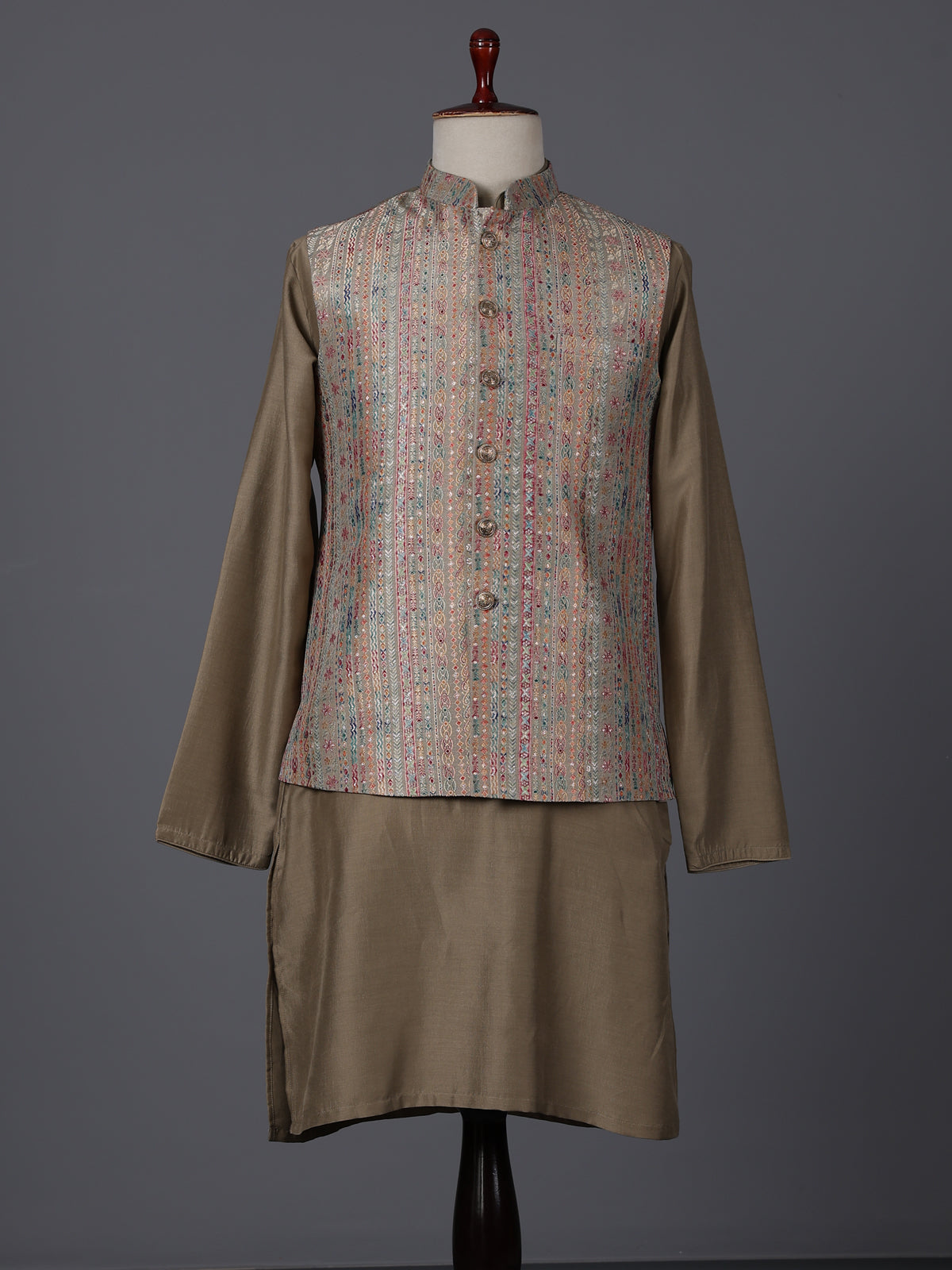 Dusty olive silk printed festive waistcoat set