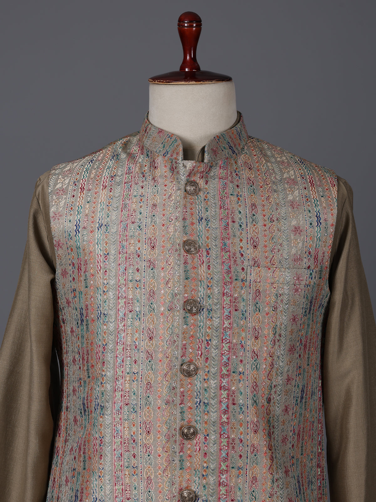 Dusty olive silk printed festive waistcoat set