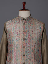 Dusty olive silk printed festive waistcoat set