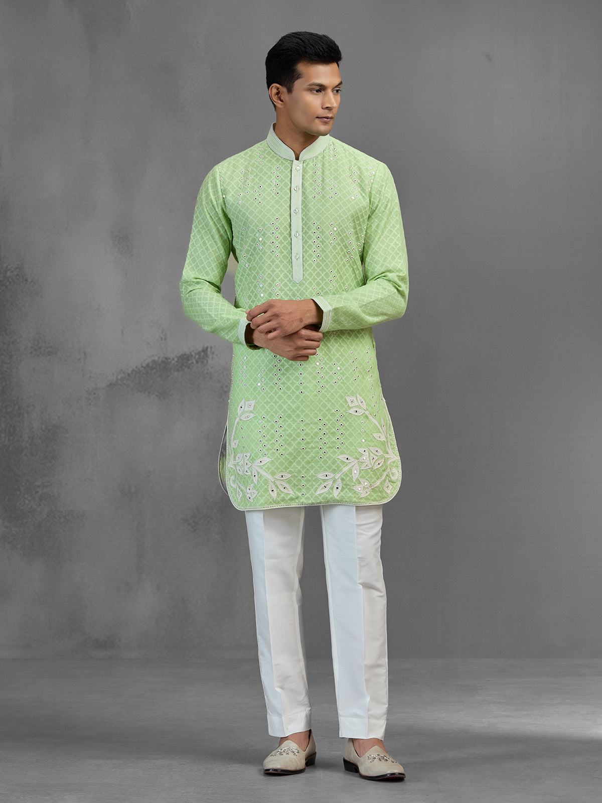 Pista green chikankari festive banarasi silk kurta pajama