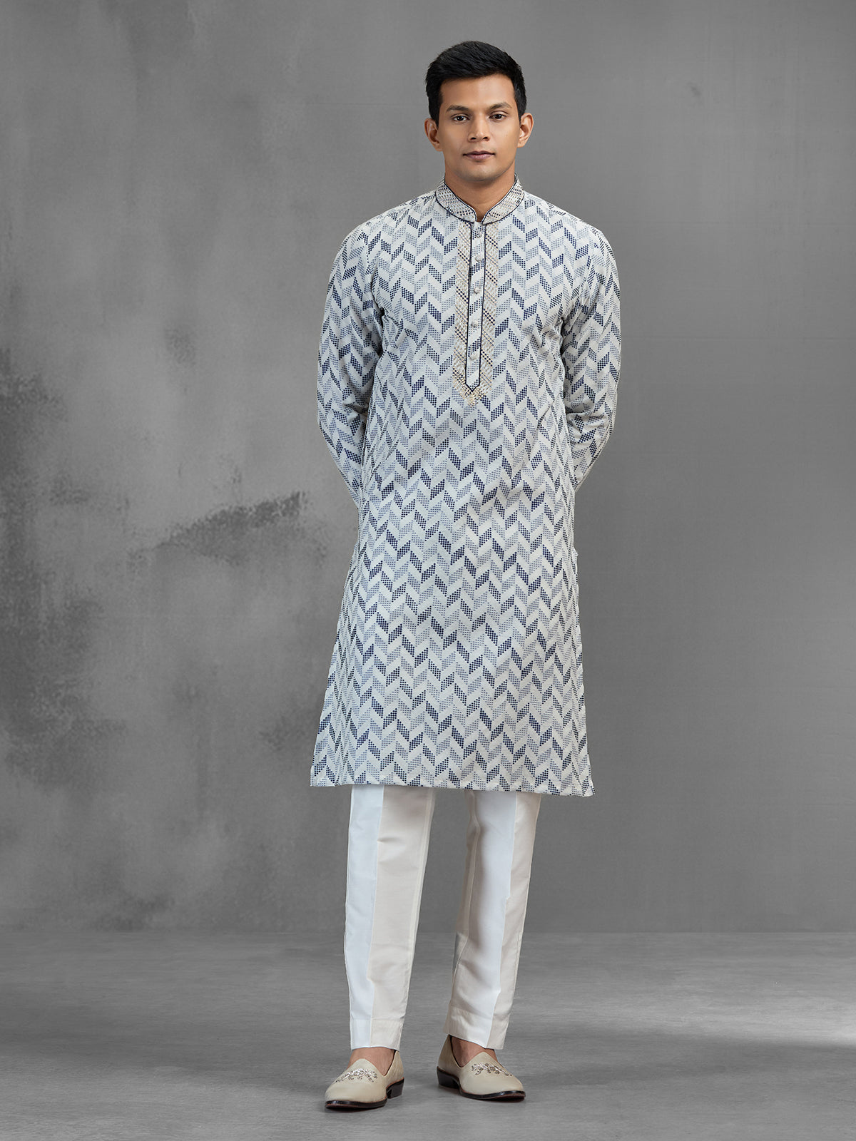 Off white chevron embroidered banarasi silk festive kurta pajama