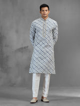 Off white chevron embroidered banarasi silk festive kurta pajama