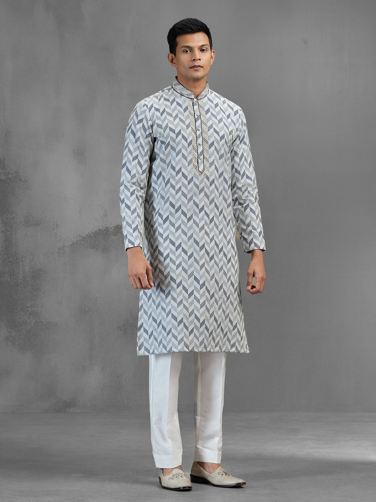 Off white chevron embroidered banarasi silk festive kurta pajama