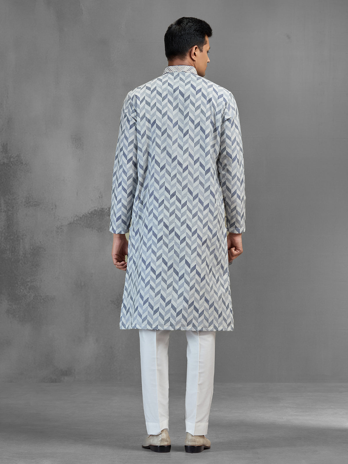 Off white chevron embroidered banarasi silk festive kurta pajama