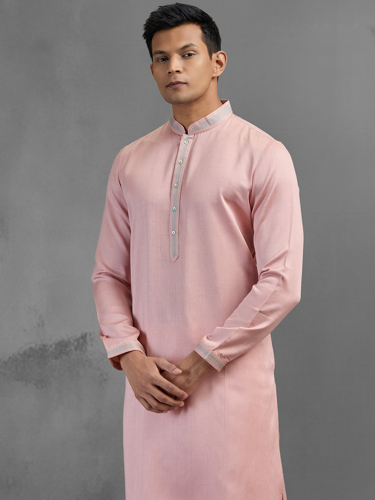 Light pink soft silk subtle festive threadwork kurta pajama