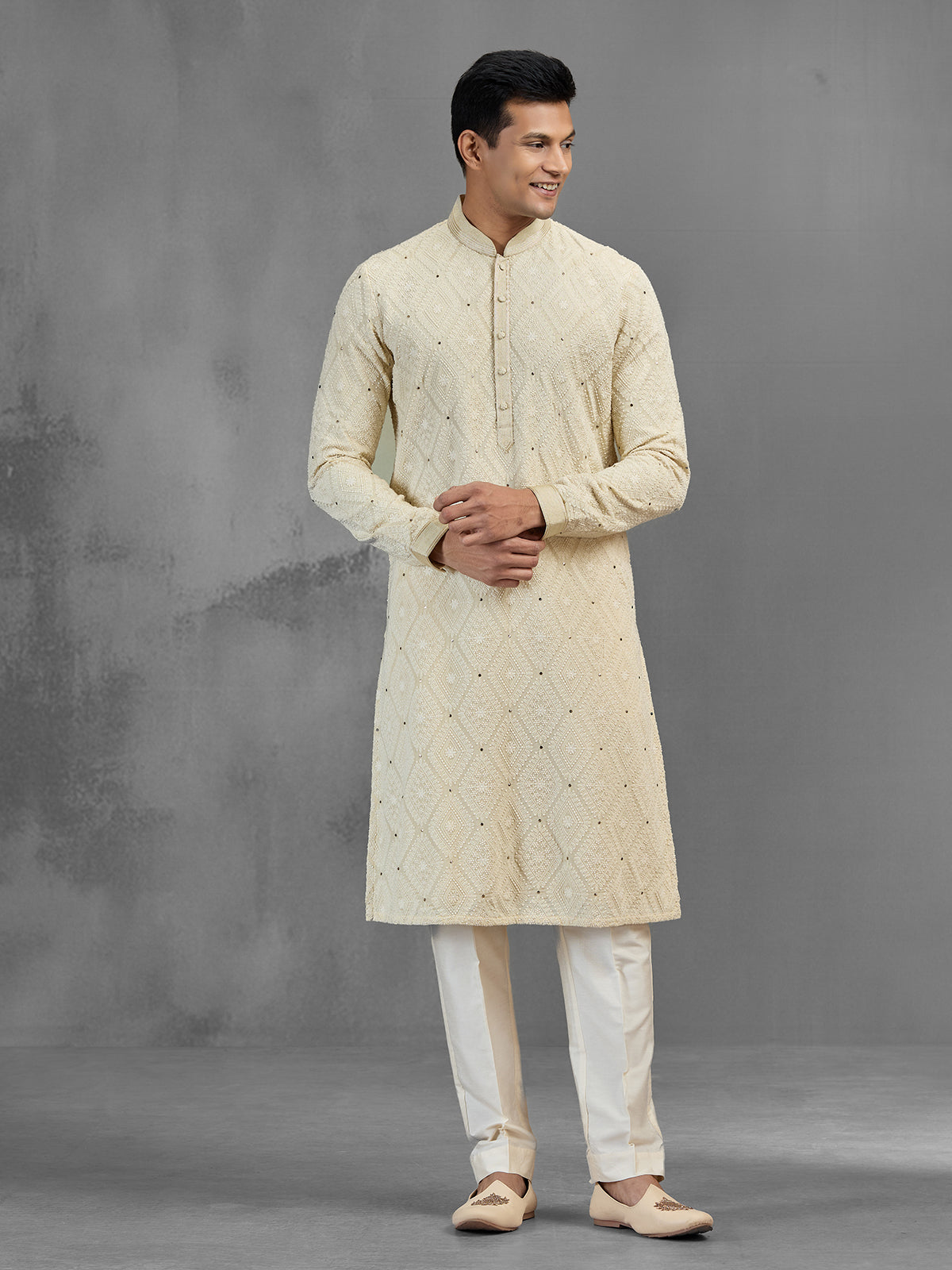 Cream dupion georgette chinon chikankari festive kurta pajama