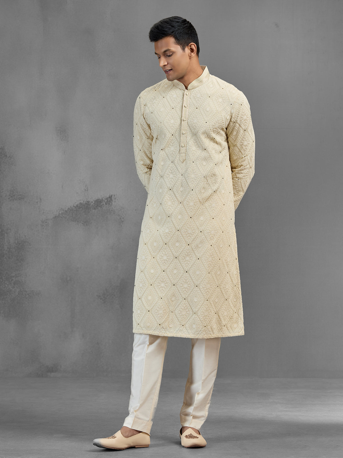 Cream dupion georgette chinon chikankari festive kurta pajama