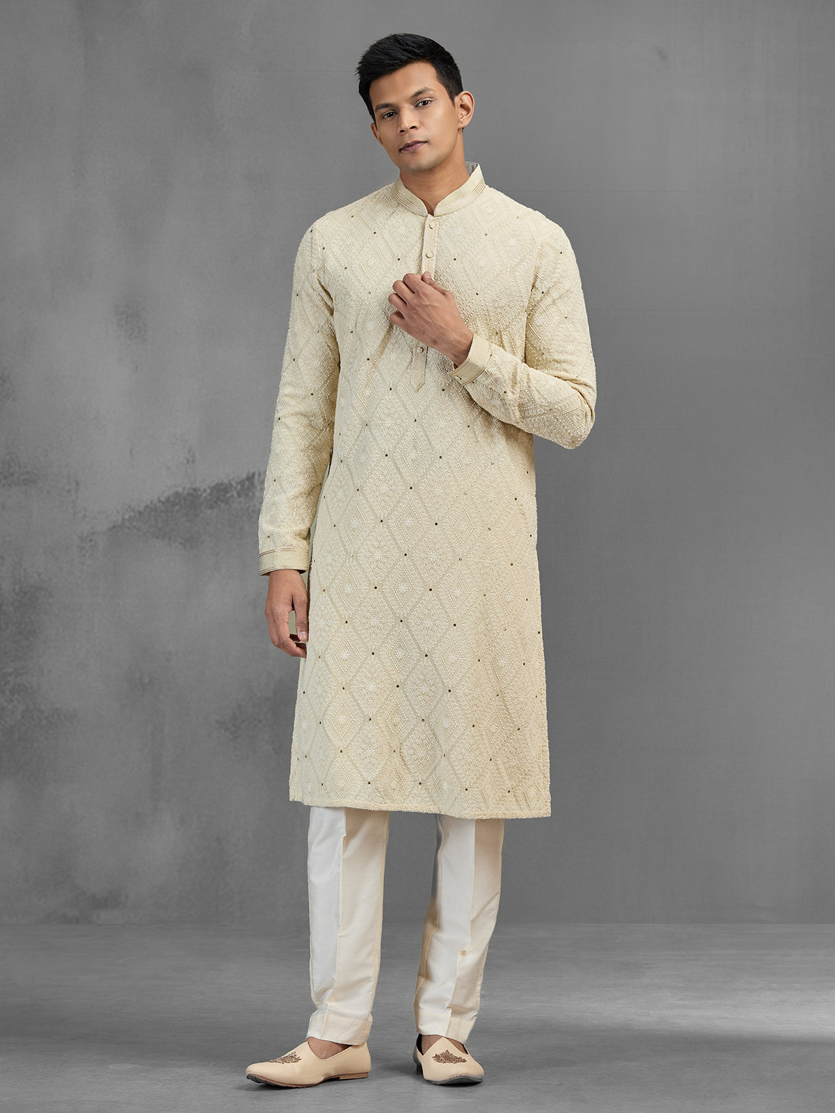 Cream dupion georgette chinon chikankari festive kurta pajama