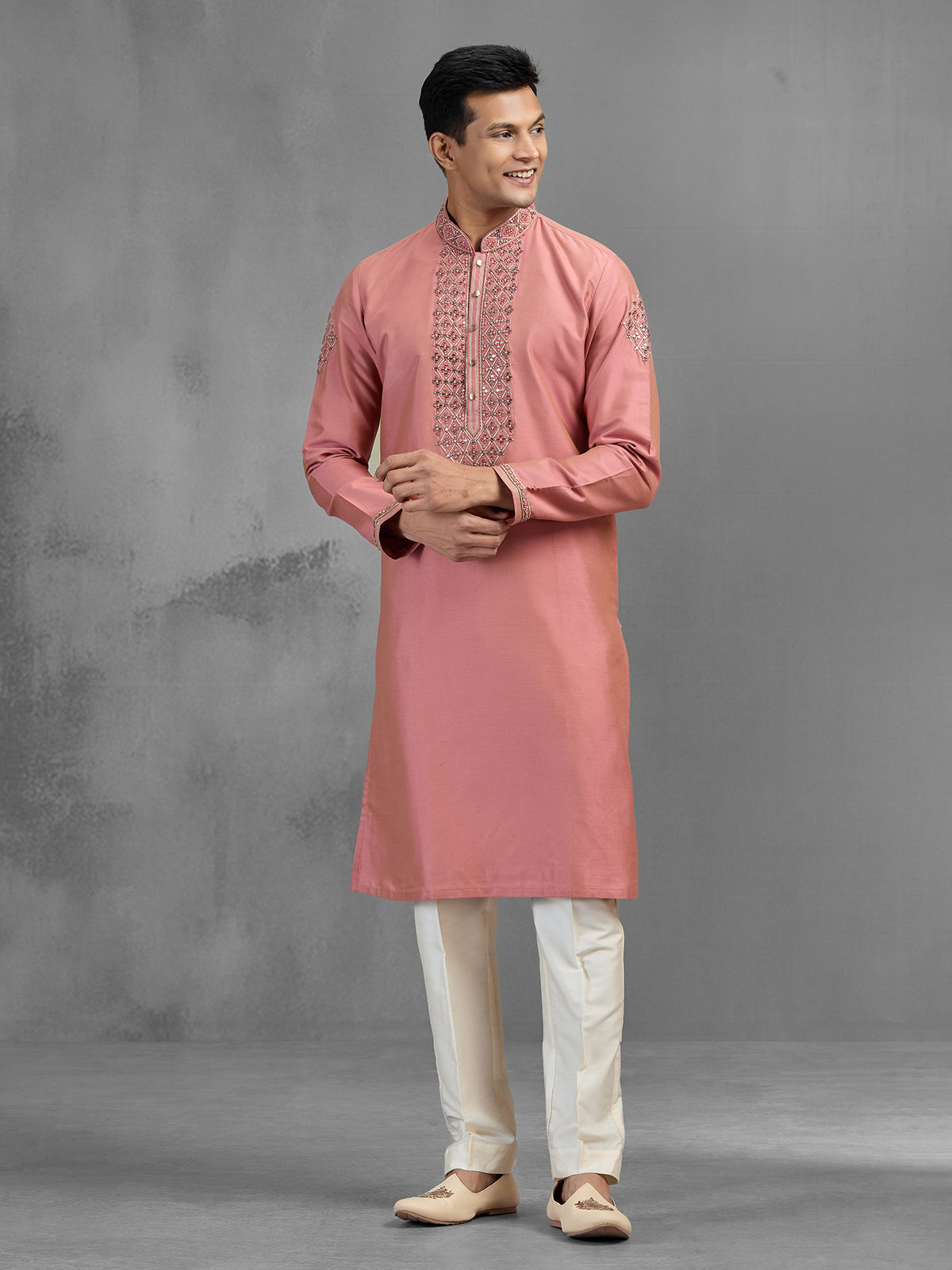 Dark pink banarasi silk stone embellished festive kurta suit