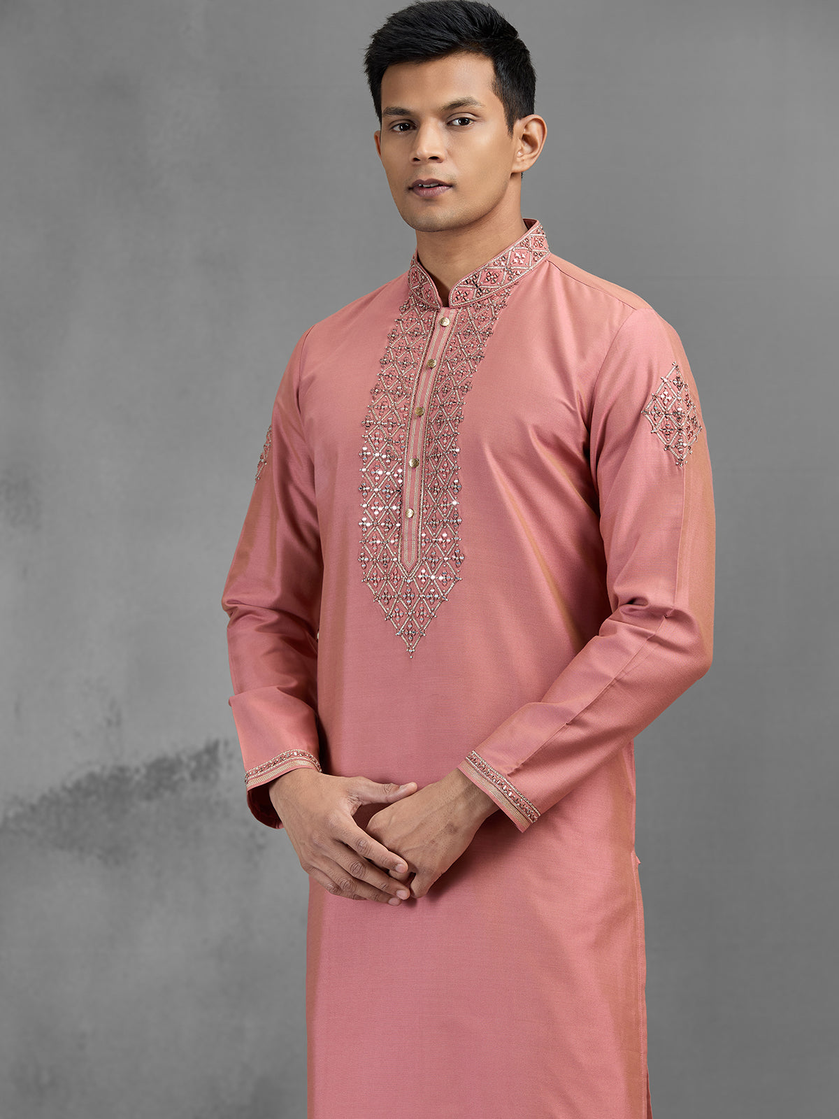Dark pink banarasi silk stone embellished festive kurta suit