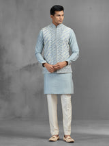Blue silk floral jaal embroidered festive waistcoat set