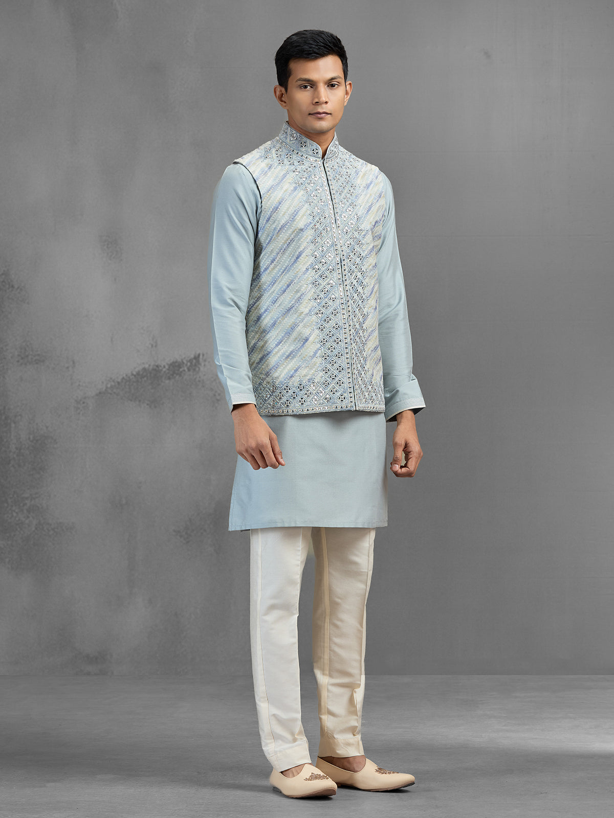 Blue silk floral jaal embroidered festive waistcoat set