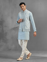 Blue silk floral jaal embroidered festive waistcoat set