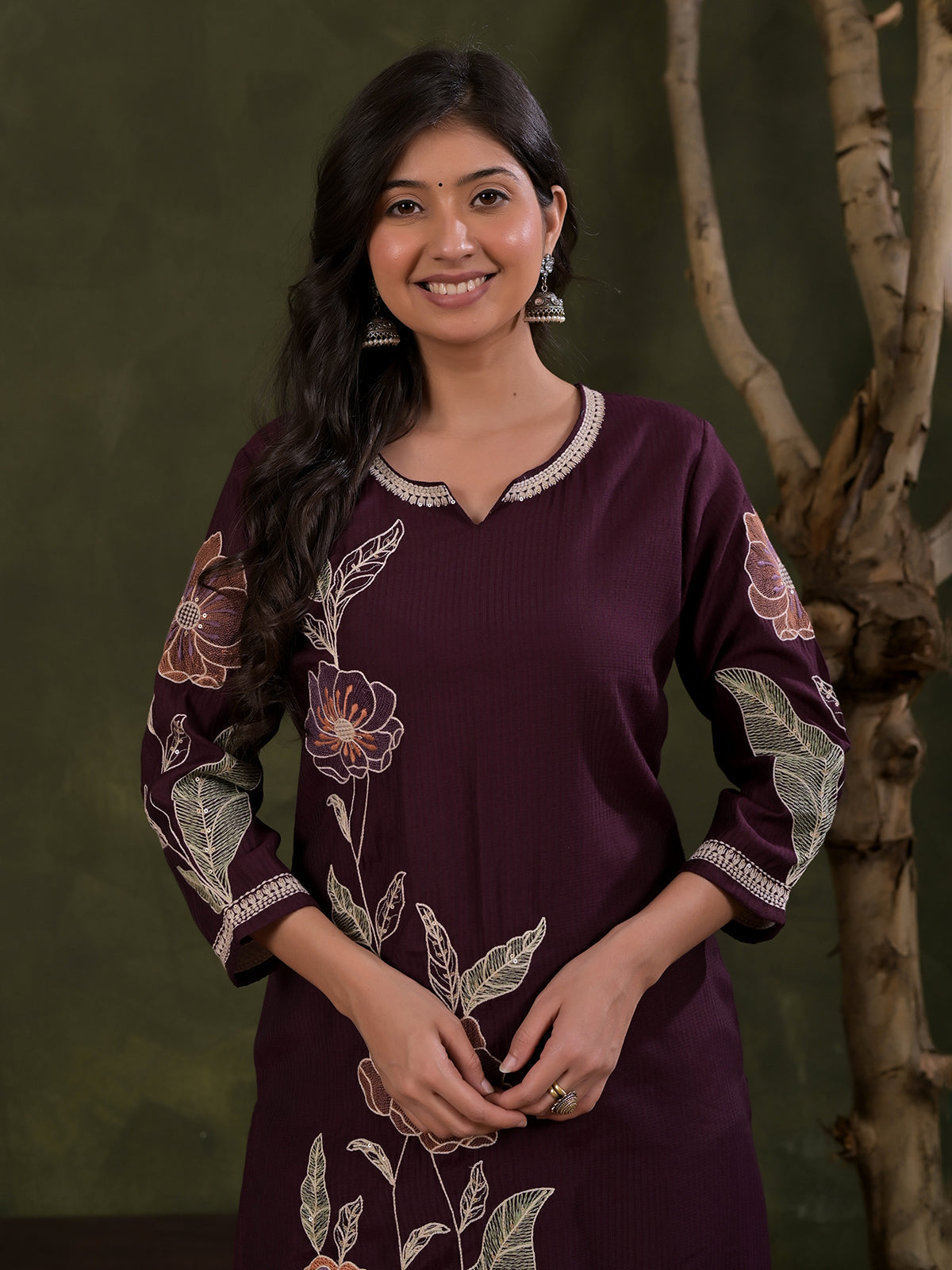 Purple silk embroidered sweetheart neck casual kurti