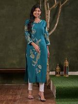 Aqua blue silk embroidered sweetheart casual kurti
