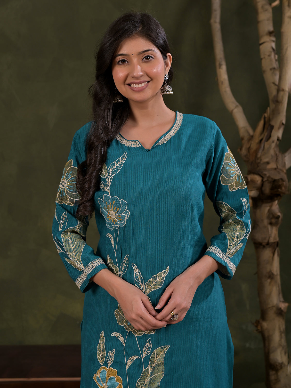Aqua blue silk embroidered sweetheart casual kurti