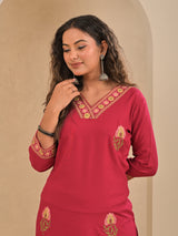 Maroon silk embroidered v neck casual kurti