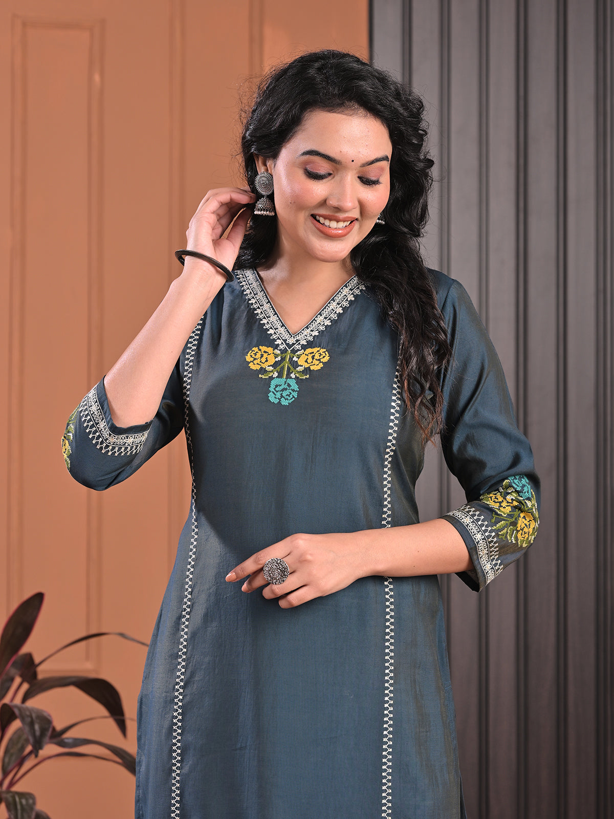 Grey silk embroidered v neck casual kurti
