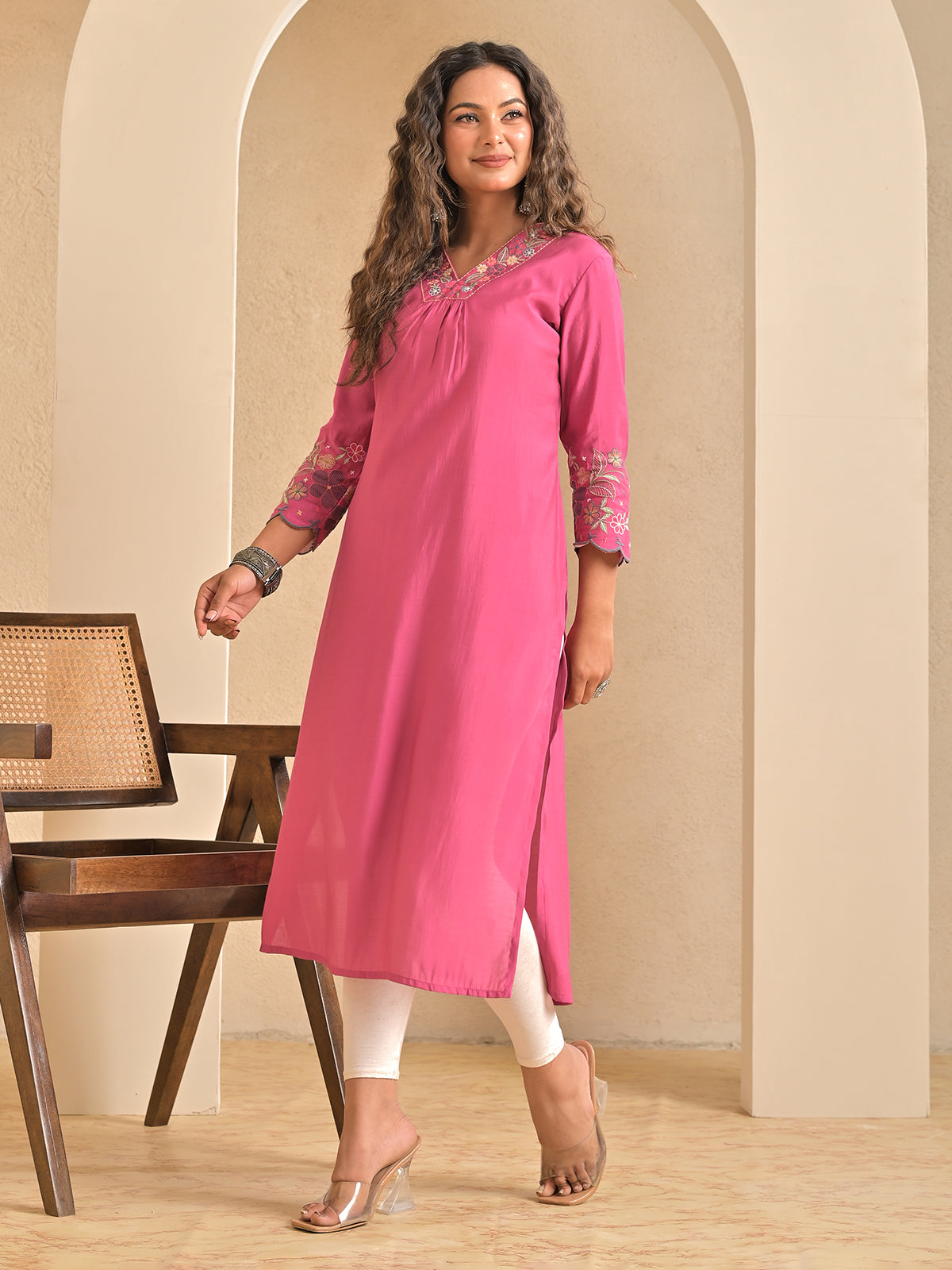 Pink silk embroidered v neck casual kurti