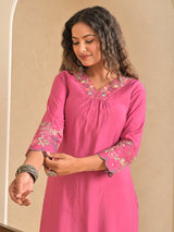 Pink silk embroidered v neck casual kurti