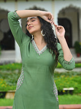 Pista green silk embroidered v neck casual kurti