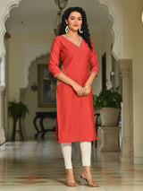 Rust orange silk embroidered v neck casual kurti