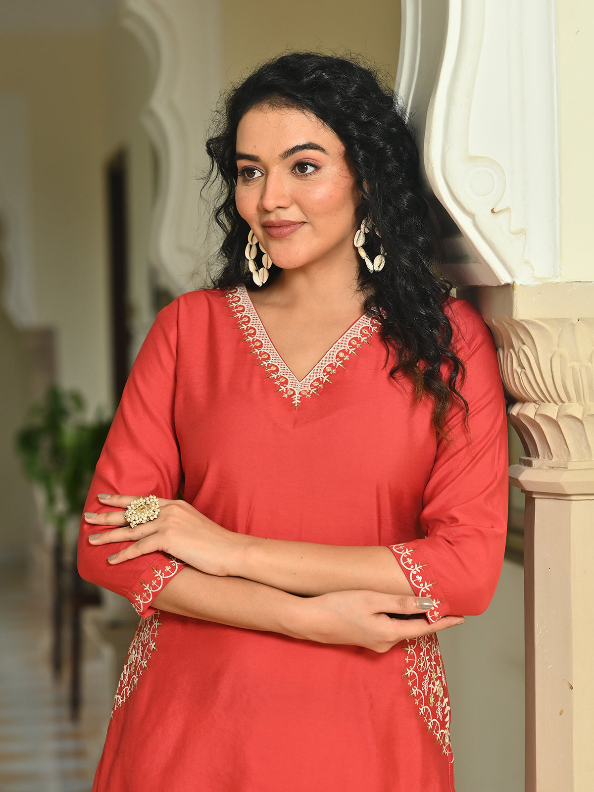 Rust orange silk embroidered v neck casual kurti