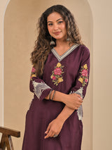 Wine silk embroidered v neck casual kurti