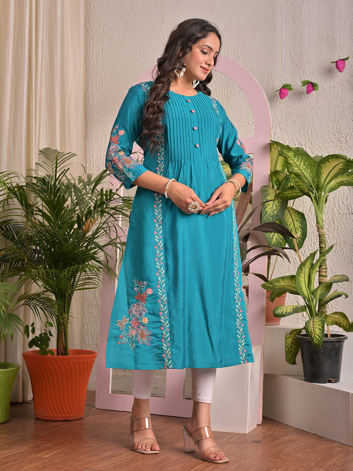 Aqua blue silk embroidered round neck casual kurti
