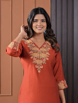 Rust orange silk embroidered v neck casual kurti for women